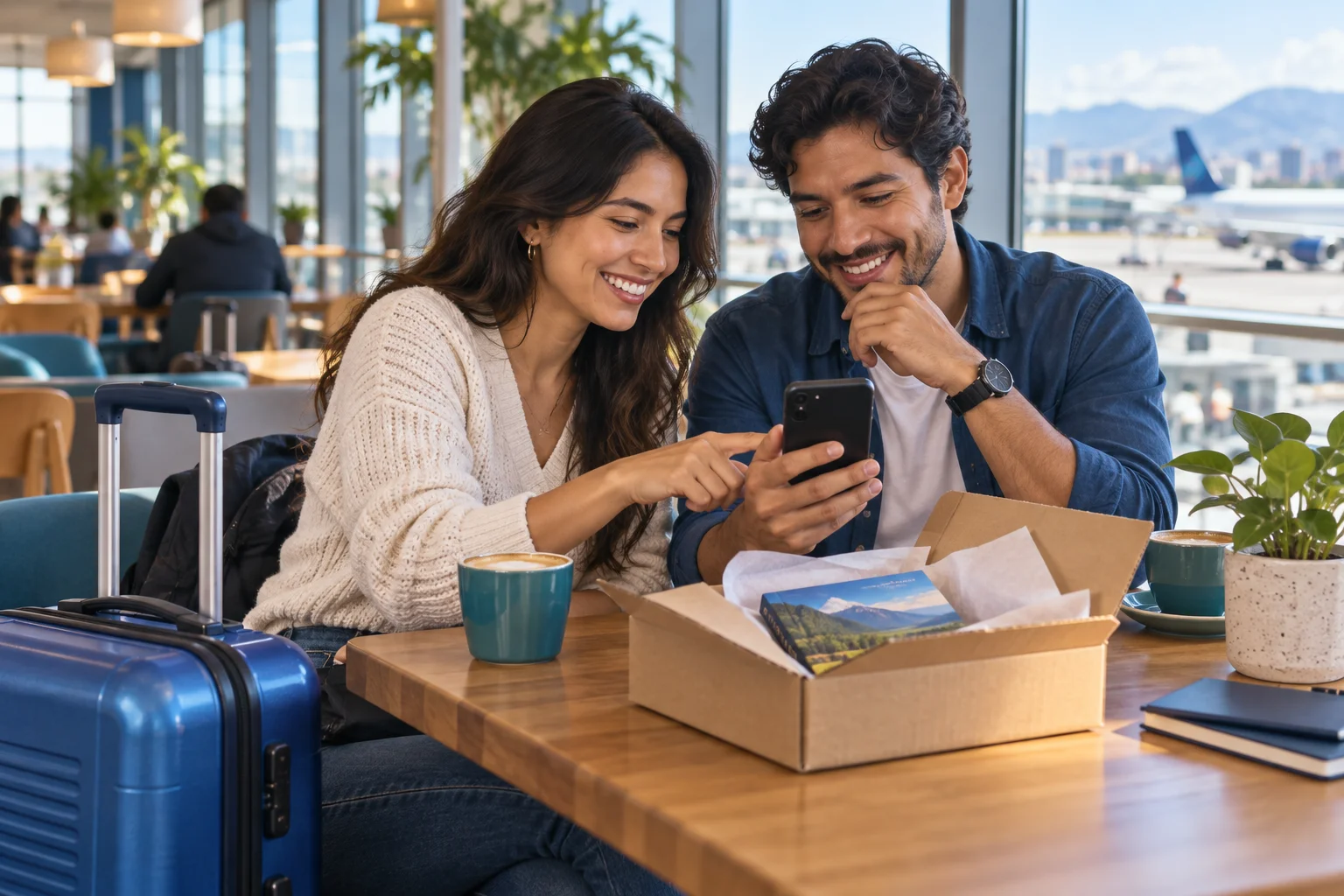 Two travelers review a phone beside an open parcel and a blue suitcase.